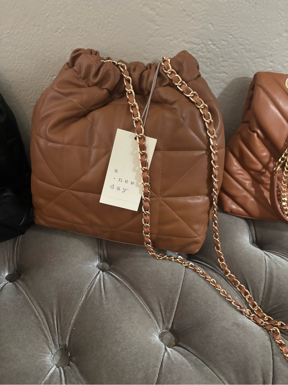 a new day Quilted Drawstring Shoulder Bag - Tan Brown with Gold Chain